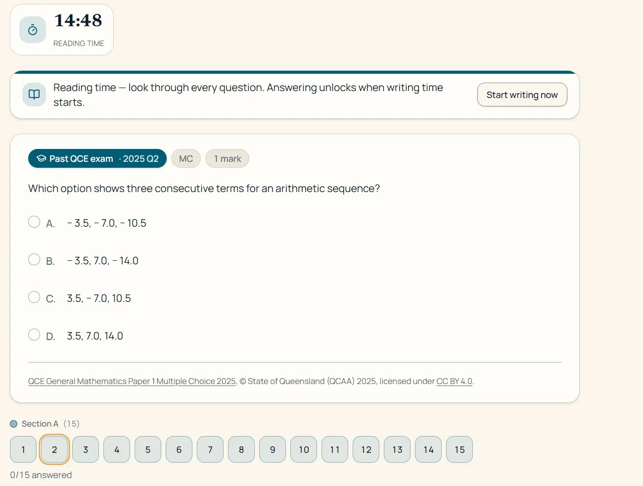 A timed exam sit in reading time: a 14:48 countdown, a note that answering unlocks when writing time starts, a multiple-choice question, and a Section A navigator showing 0 of 15 answered.